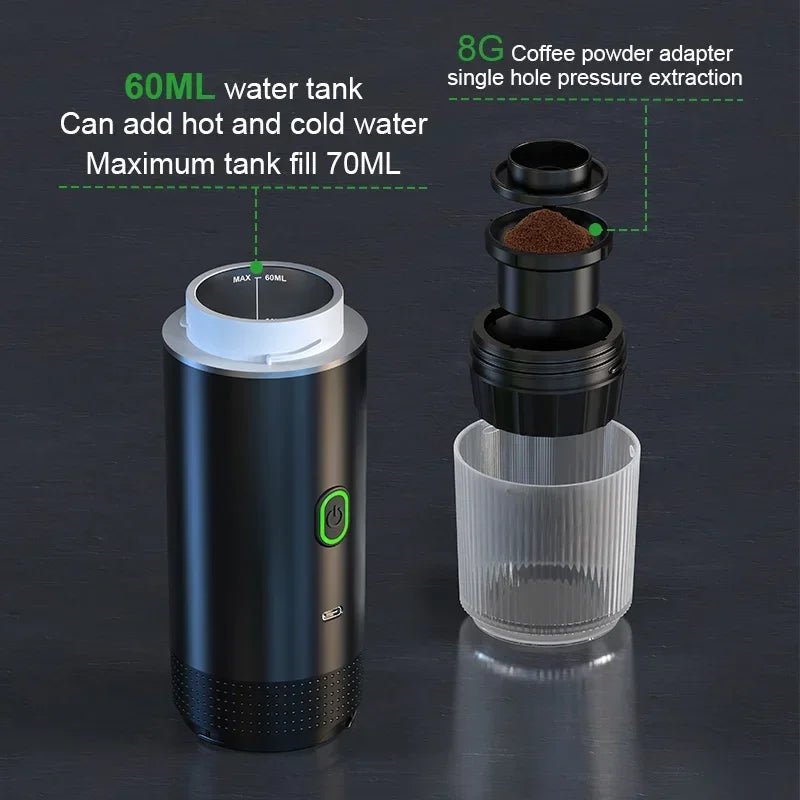 Wireless Electric Portable Espresso Coffee Machine for Car & Home Camping Coffee Maker 3 - in - 1 Capsule Powder Travel Coffee Maker - Tropical Treasures LTD