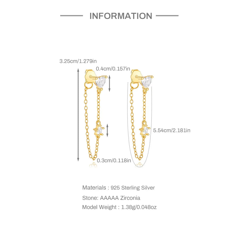 Heart Shape White Zircon Tassel Chain 925 Sterling Silver Drop Earrings Minimalist Geometric Jewelry