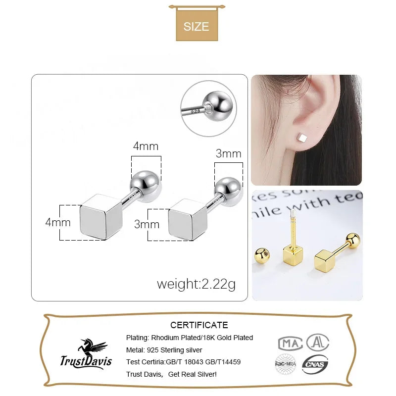 Sterling Silver Square Bead Screw Stud Earrings Fashionable Trendy Jewelry Accessory