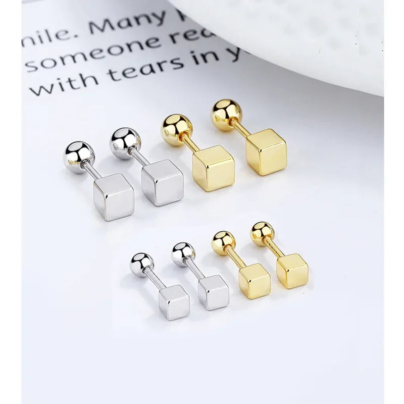 Sterling Silver Square Bead Screw Stud Earrings Fashionable Trendy Jewelry Accessory