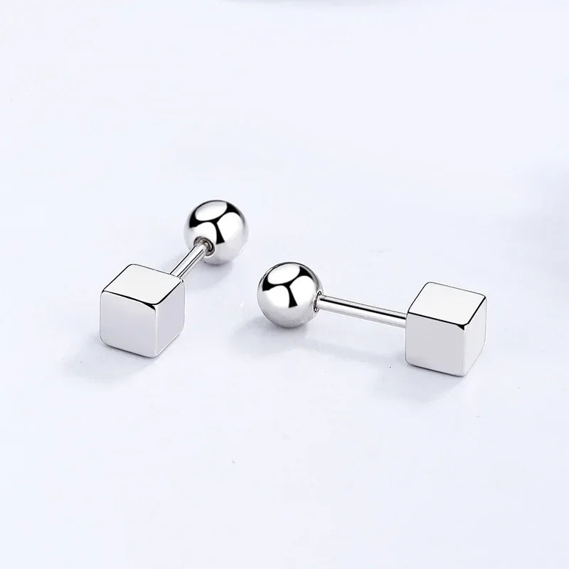 Sterling Silver Square Bead Screw Stud Earrings Fashionable Trendy Jewelry Accessory