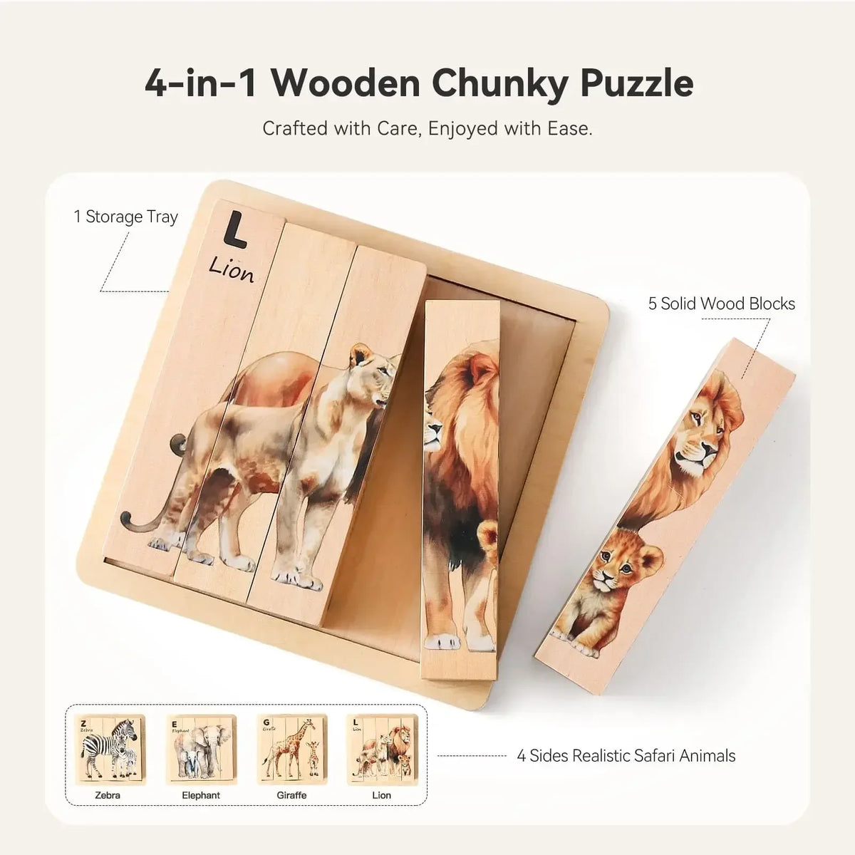 4 in 1 Wooden Animal Puzzles Baby Montessori Toys Educational Toy for Children Toddler Solid Wood Puzzle Blocks Kid Learning Toy
