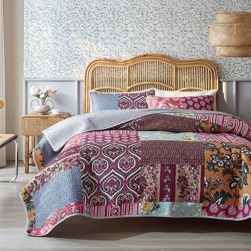Boho Floral Reversible Bedspread Coverlet Set Soft Patchwork Bedding for All Seasons Farmhouse Garden Theme - Tropical Treasures LTD