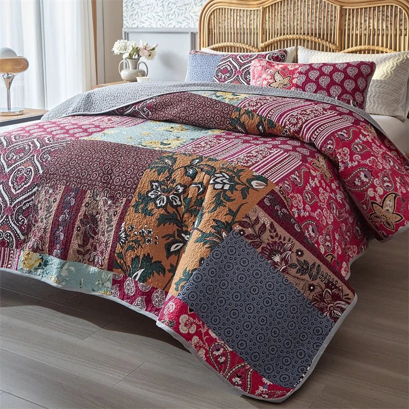 Boho Floral Reversible Bedspread Coverlet Set Soft Patchwork Bedding for All Seasons Farmhouse Garden Theme - Tropical Treasures LTD