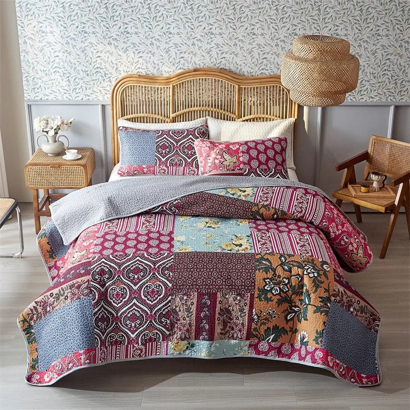 Boho Floral Reversible Bedspread Coverlet Set Soft Patchwork Bedding for All Seasons Farmhouse Garden Theme - Tropical Treasures LTD