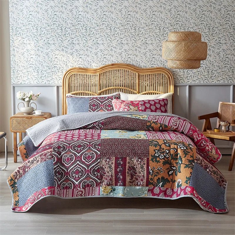 Boho Floral Reversible Bedspread Coverlet Set Soft Patchwork Bedding for All Seasons Farmhouse Garden Theme - Tropical Treasures LTD