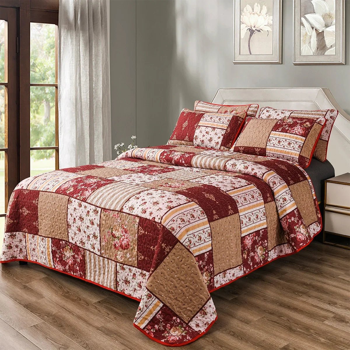 King Size Bedspread Set with Pillowcases Soft Breathable Flower Pattern Bedding for All Seasons Modern Style Quilted Microfiber - Tropical Treasures LTD