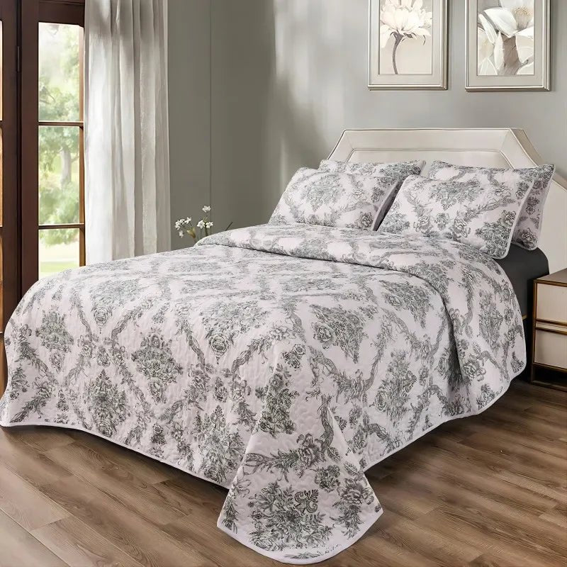 King Size Bedspread Set with Pillowcases Soft Breathable Flower Pattern Bedding for All Seasons Modern Style Quilted Microfiber - Tropical Treasures LTD