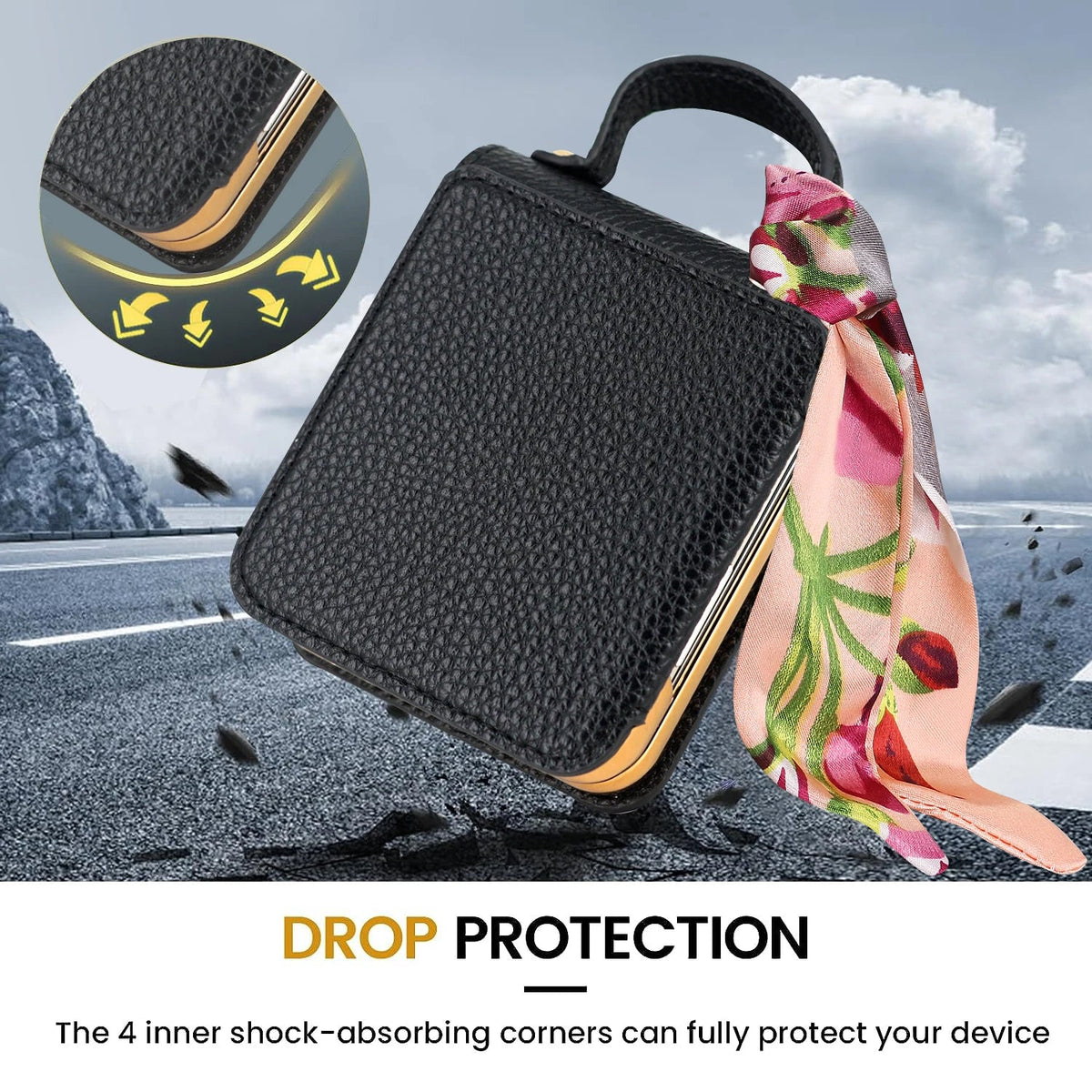 VIETAO Leather Mobile Phone Case for Samsung Galaxy Z Flip 5/4/3 with Mirror Film And Ribbon - Stylish Flip Cover for Samsung Z Flip 6 - Tropical Treasures LTD