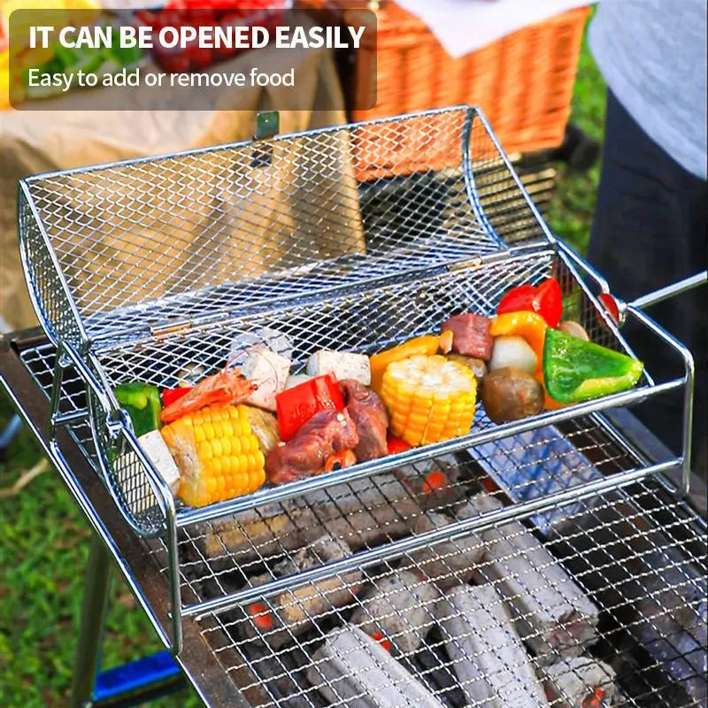 Stainless Steel Rolling BBQ Grill Mesh Basket Grill Rotisserie Basket roll Barbecue cage Roaster - Tropical Treasures LTD
