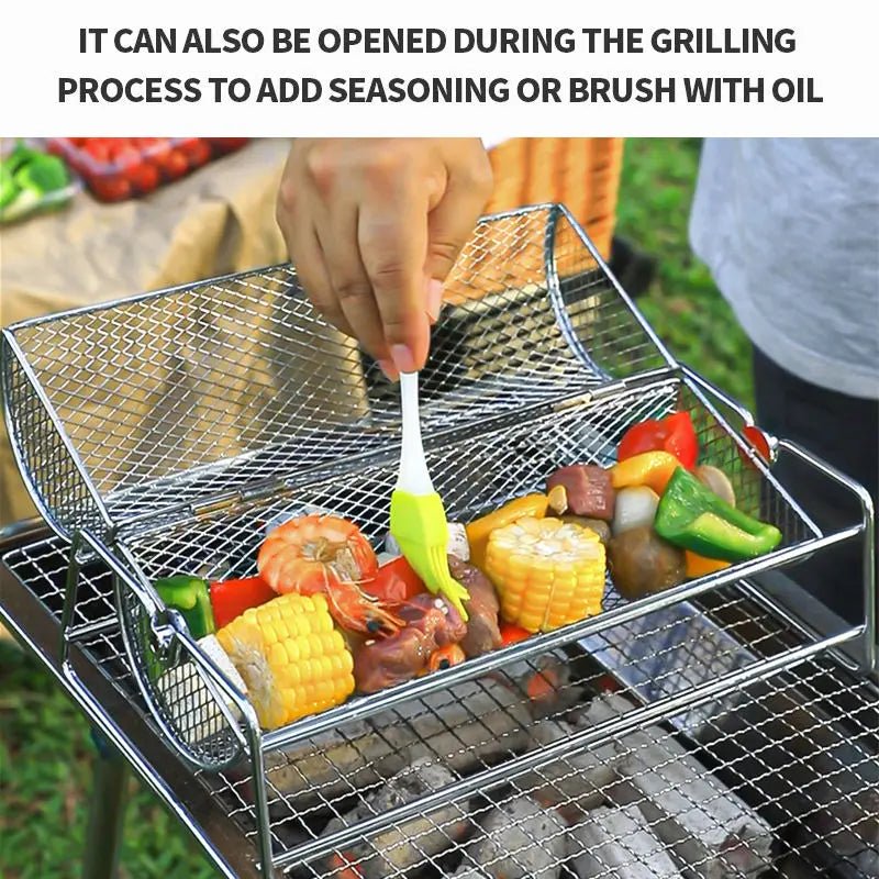 Stainless Steel Rolling BBQ Grill Mesh Basket Grill Rotisserie Basket roll Barbecue cage Roaster - Tropical Treasures LTD