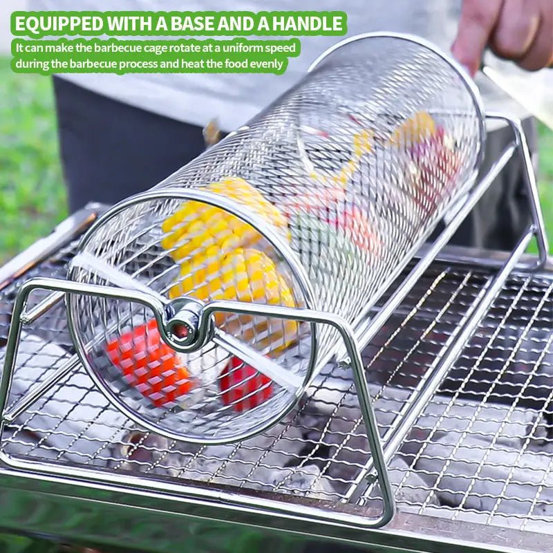 Stainless Steel Rolling BBQ Grill Mesh Basket Grill Rotisserie Basket roll Barbecue cage Roaster - Tropical Treasures LTD