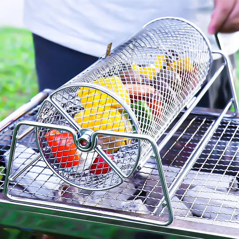 Stainless Steel Rolling BBQ Grill Mesh Basket Grill Rotisserie Basket roll Barbecue cage Roaster - Tropical Treasures LTD