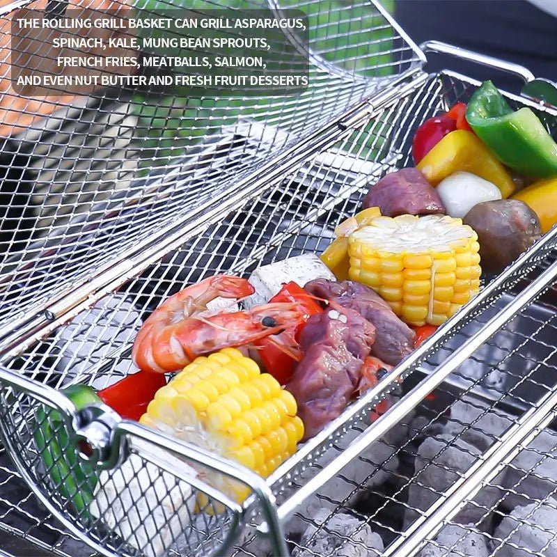 Stainless Steel Rolling BBQ Grill Mesh Basket Grill Rotisserie Basket roll Barbecue cage Roaster - Tropical Treasures LTD