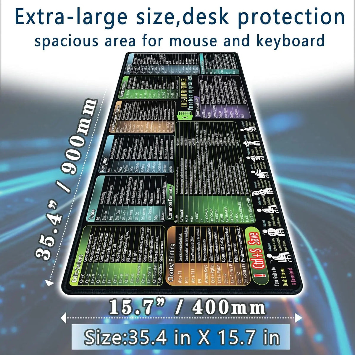 Extra Large Excel Cheat Sheet Mousepad - Office Keyboard Shortcuts Desk Accessory Computer Desk Pad Fabric Material - Tropical Treasures LTD