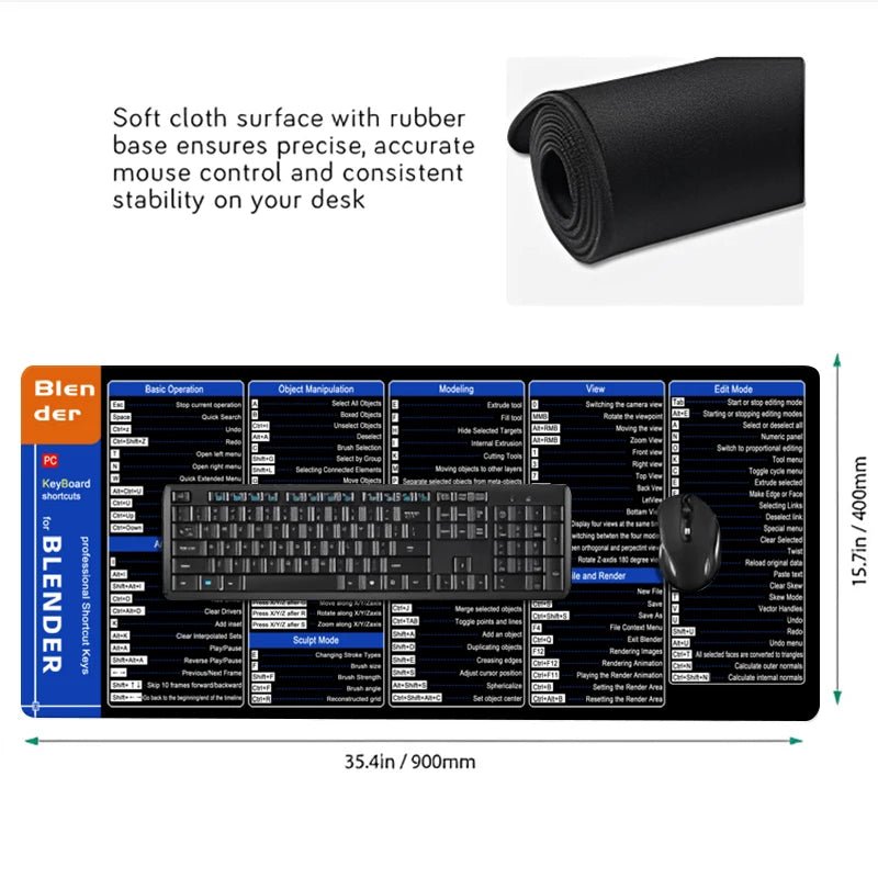 Large Blender Shortcuts Mouse Pad Cheat Sheet Professional Keyboard & Mousepad for Software Engineers Web AI Office Users - Tropical Treasures LTD