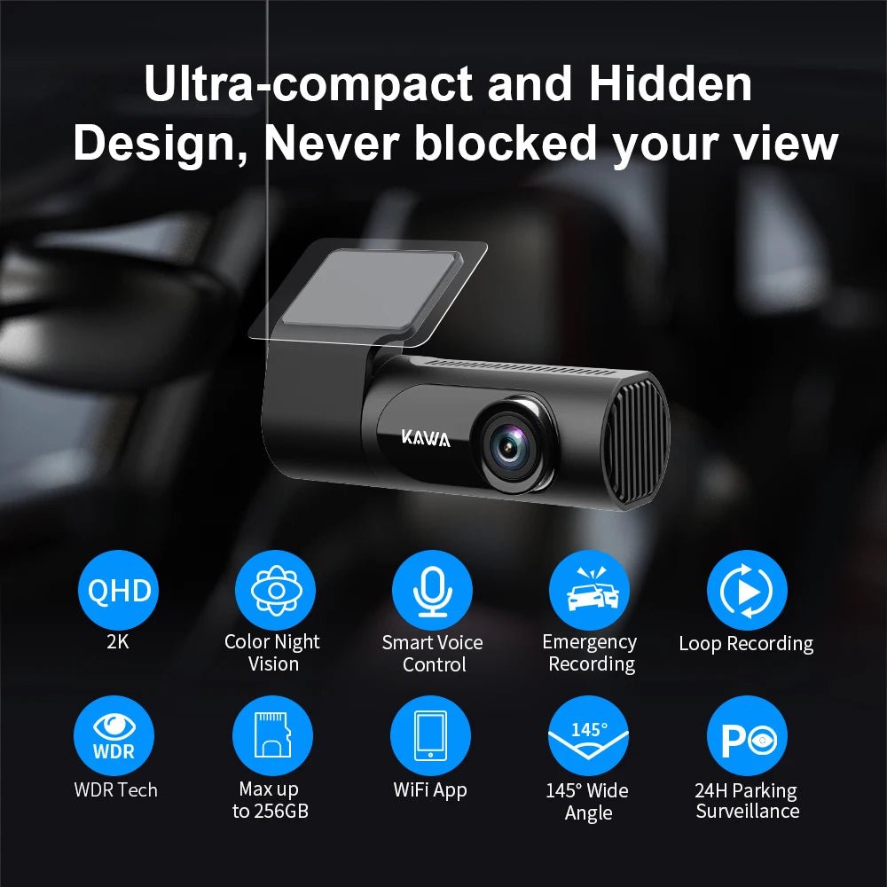 KAWA D6 Car DVR 2K 1440P Dash Cam with WiFi App Voice Control G Sensor Night Vision Hidden Dash Camera 145° View Angle - Tropical Treasures LTD